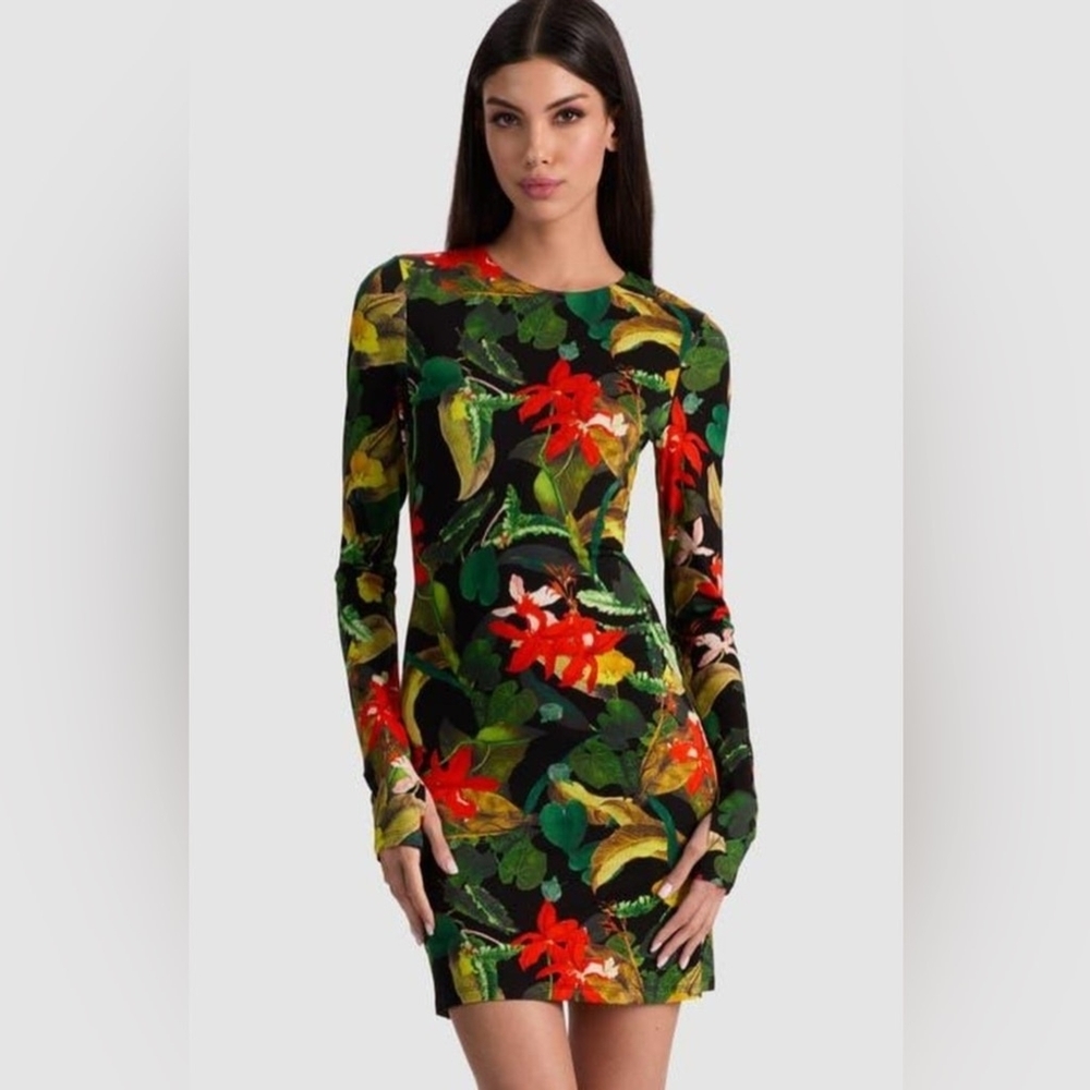Alice + Olivia Delora Tropical Floral Long Sleeve Dress